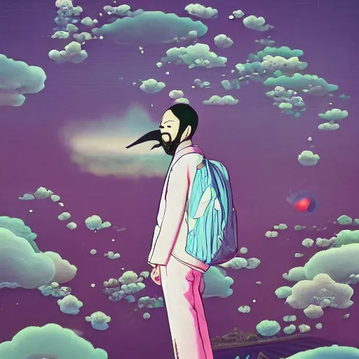 Image similar to a man walking on clouds away from the camera above kyoto by takashi murakami, beeple and james jean, aya takano color style, 4 k, super detailed, modern, 4 k, symmetrical