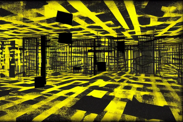 Image similar to cctv footage of the backrooms static, dark deep black shadows, molded yellow and black color contrast in the style of trevor henderson and james ensor goya, liminal space, 3 d render, glitch effect