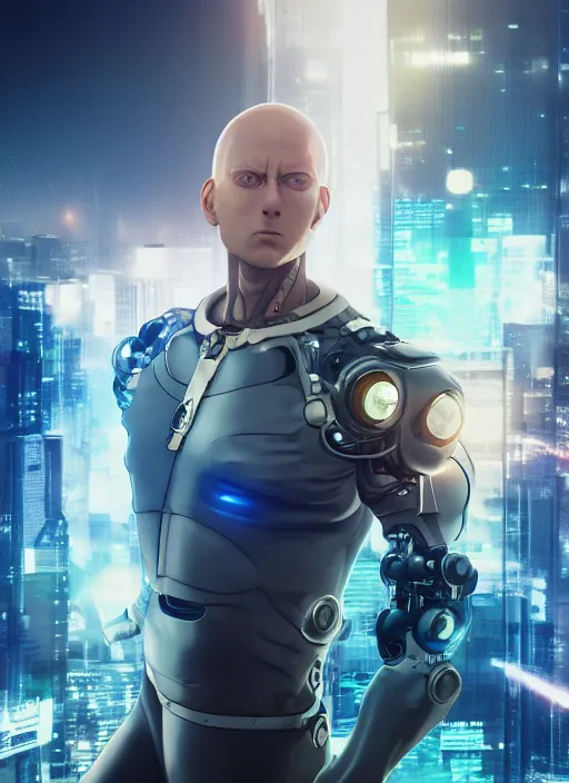 Image similar to Realistic Cyborg One Punch Man with blue eyes, futuristic city, artistic pose, light atmosphere, cinematic shot, intricate, ornate, photorealistic, ultra detailed, realistic, 100mm, photography, octane, high definition, depth of field, bokeh, 8k, artstation