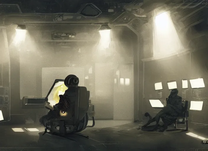 Image similar to a man sitting on a chair with things attached to his head, screens and monitors in front of him playing videos, ship interior, narrow hallway, scifi, dramatic lighting, dark, spotlight, concept art, surreal, by rutkowski, fuji choko