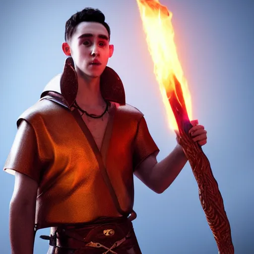 Prompt: Olly Alexander wearing a leather barbarian tunic holding a glowing fire magical staff. Trending on Artstation, octane render, ultra detailed, art by Ross tran