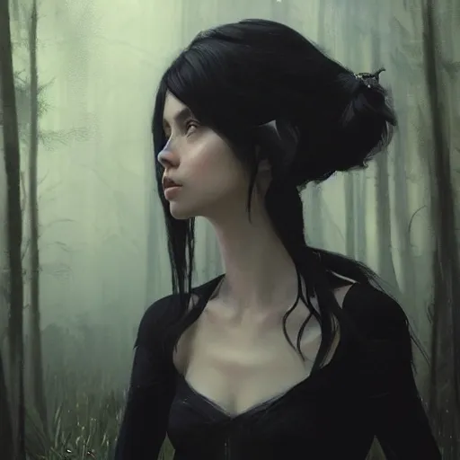 Prompt: portrait painting of female forest elf black hair, black dress, dramatic light, 8 k, by greg rutkowski, studio ghibli