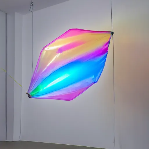 Image similar to an ultra high definition professional studio quality photograph of a transparent iridescent perspex pastel coloured sculpture made of inflatable parachute material in an empty white room. dramatic lighting, ray tracing, refraction, shallow d. o. f, colour corrected, golden ratio, three point light. volumetric shadows. god rays.