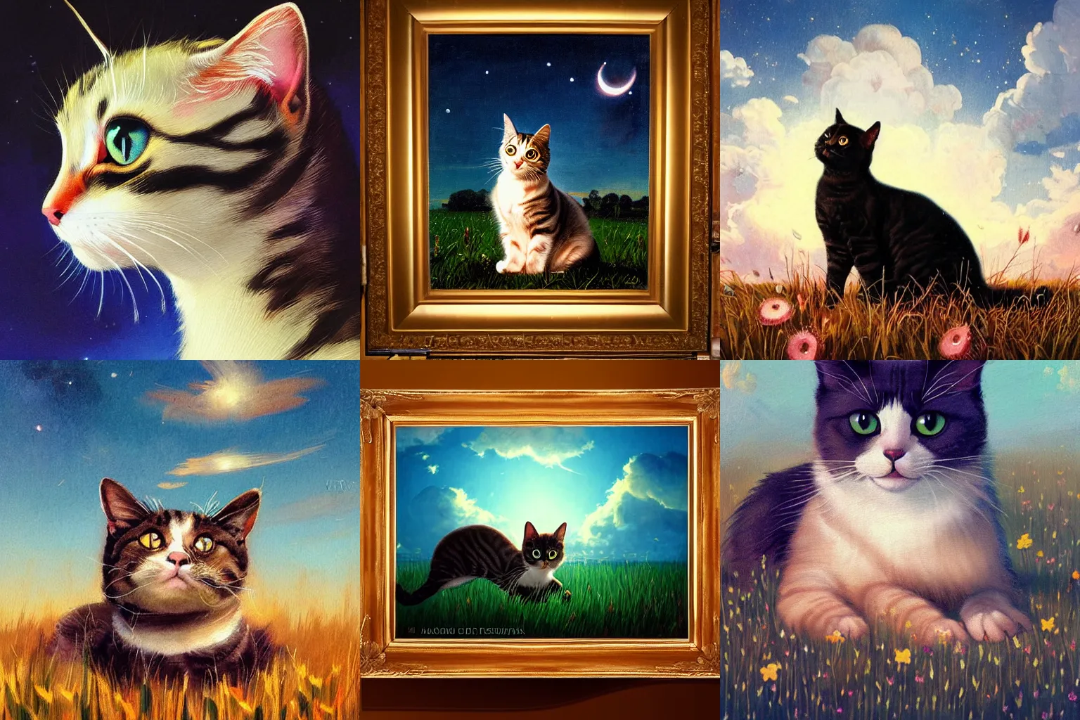 Prompt: A painting of a cat under the sky in a field at night, by (Ross Tran, Norman Rockwell, Leonardo da Vinci), Trending on Artstation