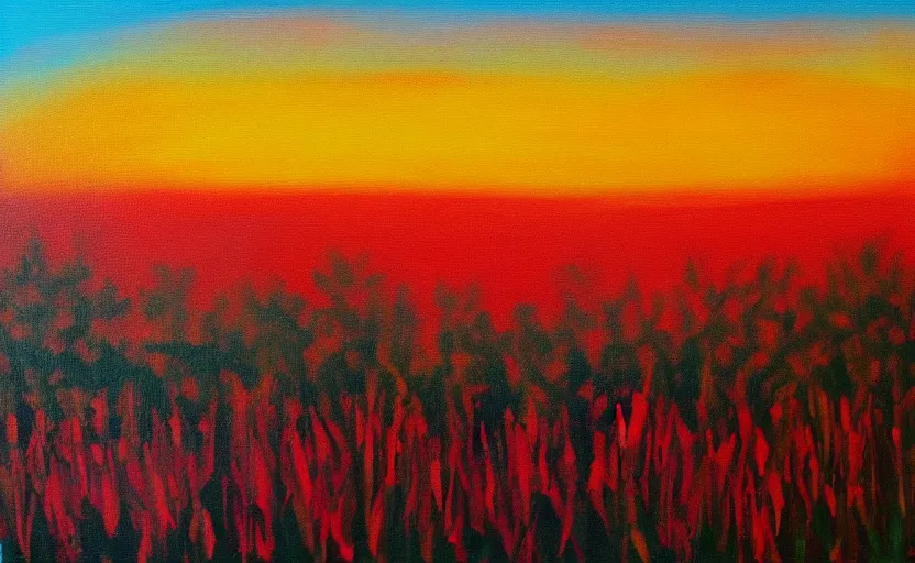 Prompt: abstract painting of a flower field at sunset, in the style of john armleder