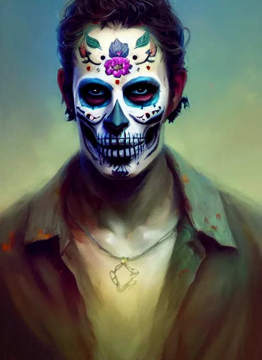 Prompt: portrait of dia de muertos as rick grimes, extremely detailed digital painting, in the style of fenghua zhong and ruan jia and jeremy lipking and peter mohrbacher, mystical colors, rim light, beautiful lighting, 8 k, stunning scene, raytracing, octane, trending on artstation