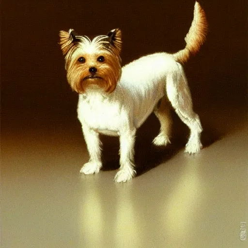 Prompt: Yorkie dog, extremely detailed masterpiece, illustration, by Michael Sowa,