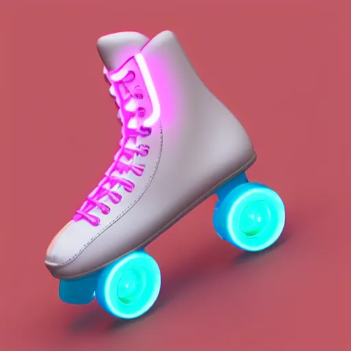 Prompt: white retro! roller skates with cyan wheels on a pedstal, octane render, 3 d model, pink lightning, neon!! light, blender