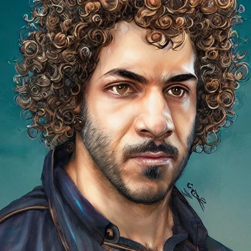 Prompt: a skeptical looking curly - haired persian programmer, by artgerm and greg rutkowski and magali villeneuve