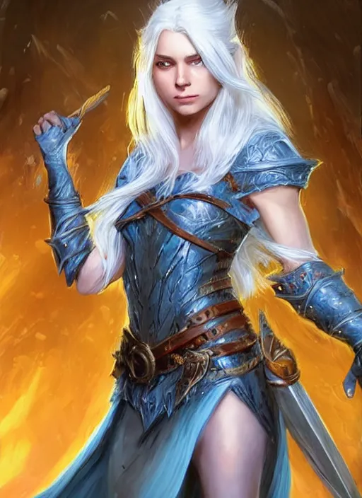 Image similar to human white hair young, ultra detailed fantasy, dndbeyond, bright, colourful, realistic, dnd character portrait, full body, pathfinder, pinterest, art by ralph horsley, dnd, rpg, lotr game design fanart by concept art, behance hd, artstation, deviantart, hdr render in unreal engine 5