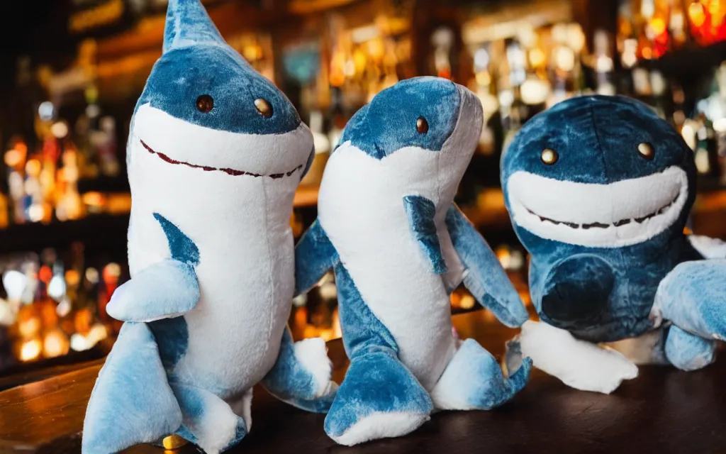 Image similar to Shark plush ordering a beer at a bar, stuffed toy, fish, dim lighting, 50mm, depth of field, beer