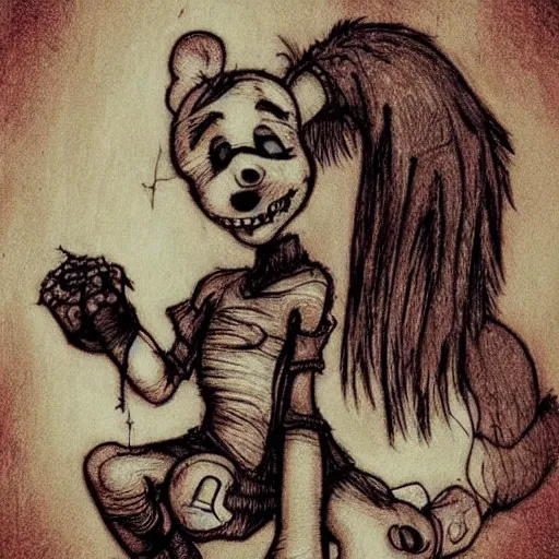 Prompt: grunge drawing of cartoon bloody winnie the pooh by mrrevenge, corpse bride style, horror themed, detailed, elegant, intricate