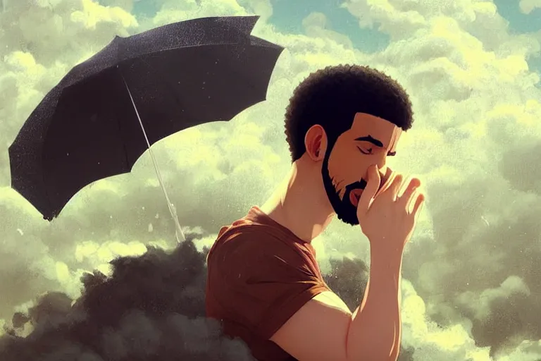 Prompt: Pixiv Digital art Full Body Extreme Detailed Full and Isolated and singular portrait of Drake crying tears sitting on a Cloud in the sky. His tears pour down like rain in the scene is full of clouds and raining by Ilya Kuvshinov and Greg Rutkowski