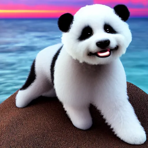 Image similar to a closeup photorealistic photograph of panda themed white bichon frise smiling on the beach at sunset. This 4K HD image is Trending on Artstation, featured on Behance, well-rendered, extra crisp, features intricate detail and the style of Unreal Engine.