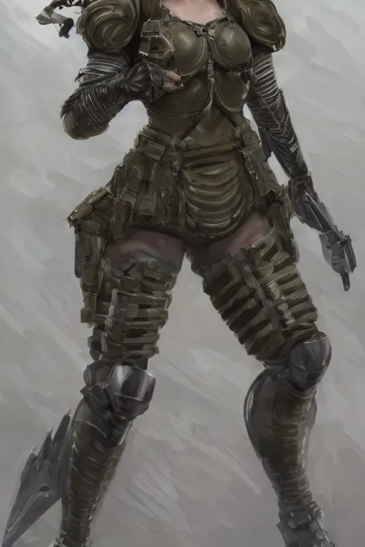 Image similar to a professionally painted full body portrait of an attractive young female clothed in military-style battle armor, olive skin, long dark hair, beautiful bone structure, symmetrical facial features, intricate, elegant, digital painting, concept art, smooth, sharp focus, illustration, finely detailed, from Metal Gear by Ruan Jia and Mandy Jurgens and Artgerm and William-Adolphe Bouguerea