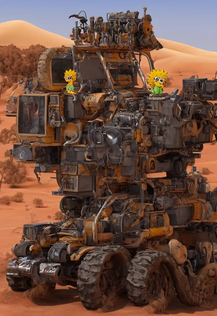 Prompt: Lisa Simpson riding Fury Road War Rig vehicle through the desert, borderlands 4k render