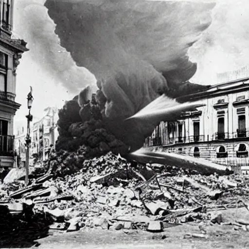 Image similar to A photo of a Puerta de Alcalá (Madrid) being destroyed by a nuclear bomb during the Spanish Civil War