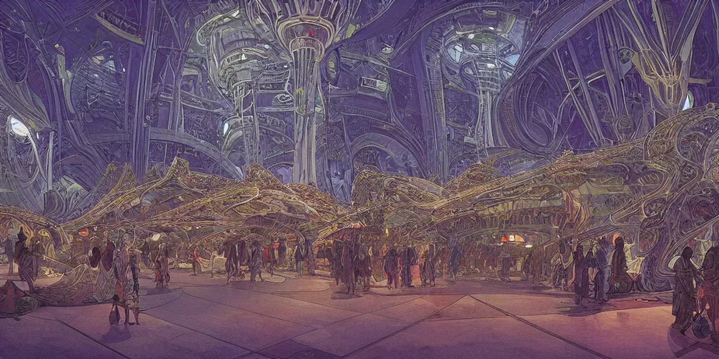 Image similar to the interior of a scifi space station with ornate elven architecture bustling with people by jean giraud moebius, crystalline, emerald, highly detailed matte illustration by moebius, clean lines, sharp focus, intricate, elegant