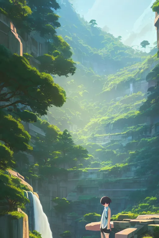 Image similar to evergreen valley, waterfalls, ancient marble city, tall buildings, wide view, landscape, by makoto shinkai and lois van baarle, ilya kuvshinov, rossdraws, tom bagshaw, global illumination, morning light, radiant light