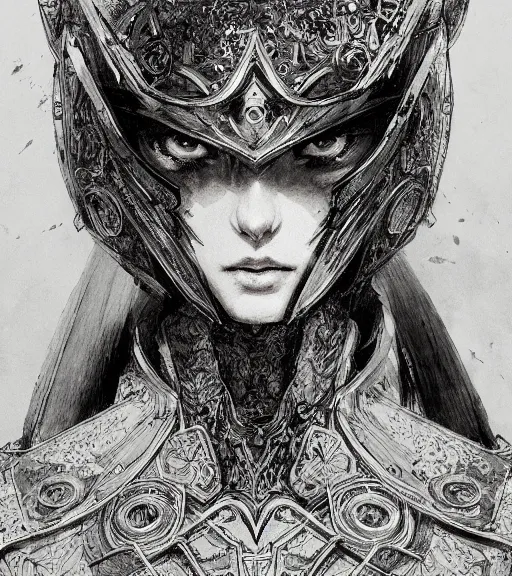 Prompt: portrait of anime woman in armor, pen and ink, intricate line drawings, by craig mullins, ruan jia, kentaro miura, greg rutkowski, loundraw