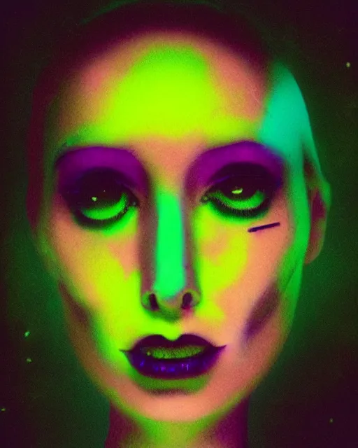 Image similar to cut and paste, curious robotic woman's face, sharp bob hair, dark makeup, violet and yellow and green and blue lighting, polaroid photo, 1 9 8 0 s, atmospheric, whimsical and psychedelic, grainy, expired film, super glitched, corrupted file, ghostly, bioluminescent glow, sci - fi, twisty