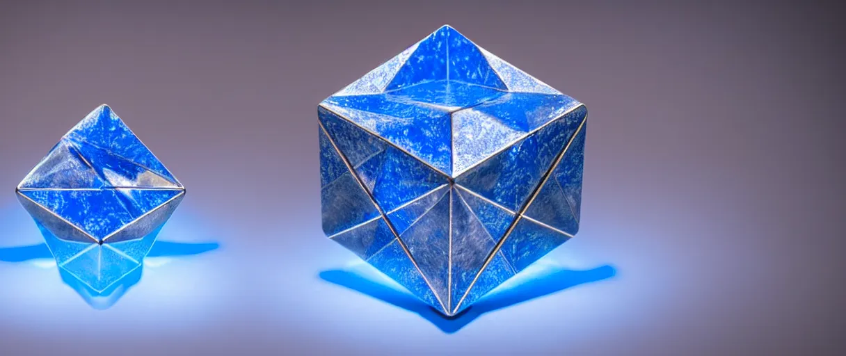 Image similar to hyperrealistic highly detailed Kepler's Platonic solid model impossible object in motion escher dali dramatic blue lighting wide angle hd 8k sharp shallow depth of field