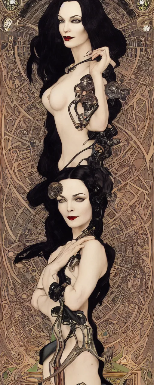 Image similar to beautiful enticing cyberpunk art nouveau style portrait of morticia adams as a chic street soldier by chris achilleos, moebius, olivia de bernardinis and alphonse mucha, photorealism, extremely hyperdetailed, perfect symmetrical facial features, perfect anatomy, ornate declotage, latex, weapon, high technical detail, confident expression, wry smile