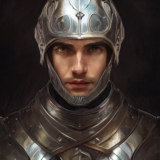 Image similar to portrait of a male knight, D&D, fantasy, intricate, elegant, highly detailed, digital painting, artstation, concept art, smooth, sharp focus, illustration, art by artgerm and greg rutkowski and alphonse mucha