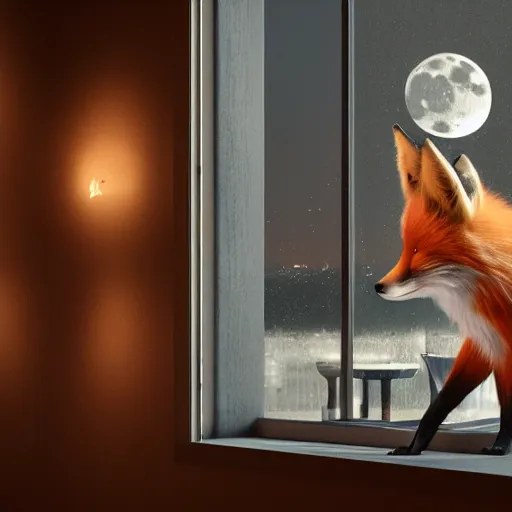 Image similar to beautiful humanoid fox detective in an restaurant, hyperrealism, moonlight through window. fine art, masterpiece 3 d render, octane render, 4 k