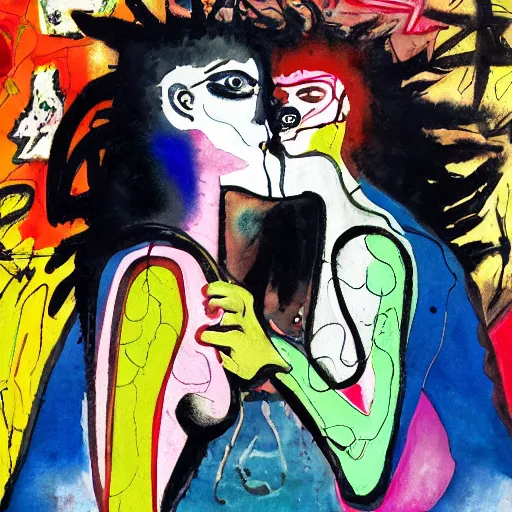 Image similar to watercolor painting of two bizarre psychedelic goth women kissing each other closeup in a cafe in spain, speculative evolution, mixed media collage by basquiat and jackson pollock, maximalist magazine collage art, sapphic art, lesbian art, chemically damaged