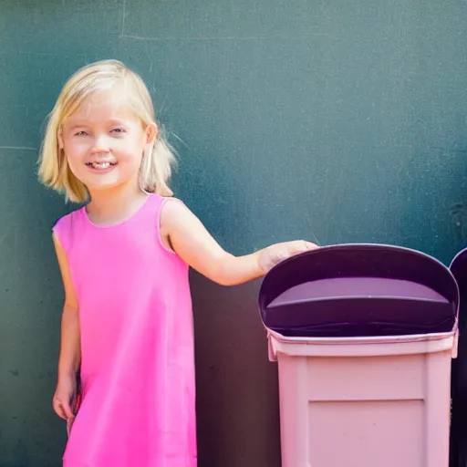 Image similar to a small blonde girl in front of some wheelie bins wearing a pink dress