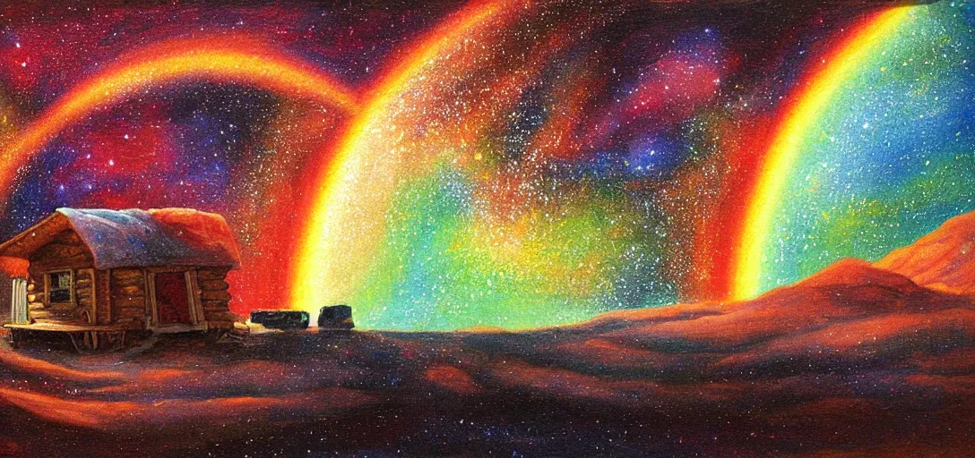 Prompt: a cozy cabin on mars, night, rainbow galaxy, classic painting, award winning, highly detailed