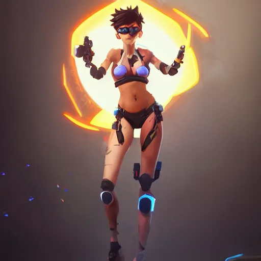 Image similar to overwatch tracer in a bikini, digital art, pretty face, very beautiful face, very detailed eyes, 8 k resolution, by wlop, greg rutkowski, full body
