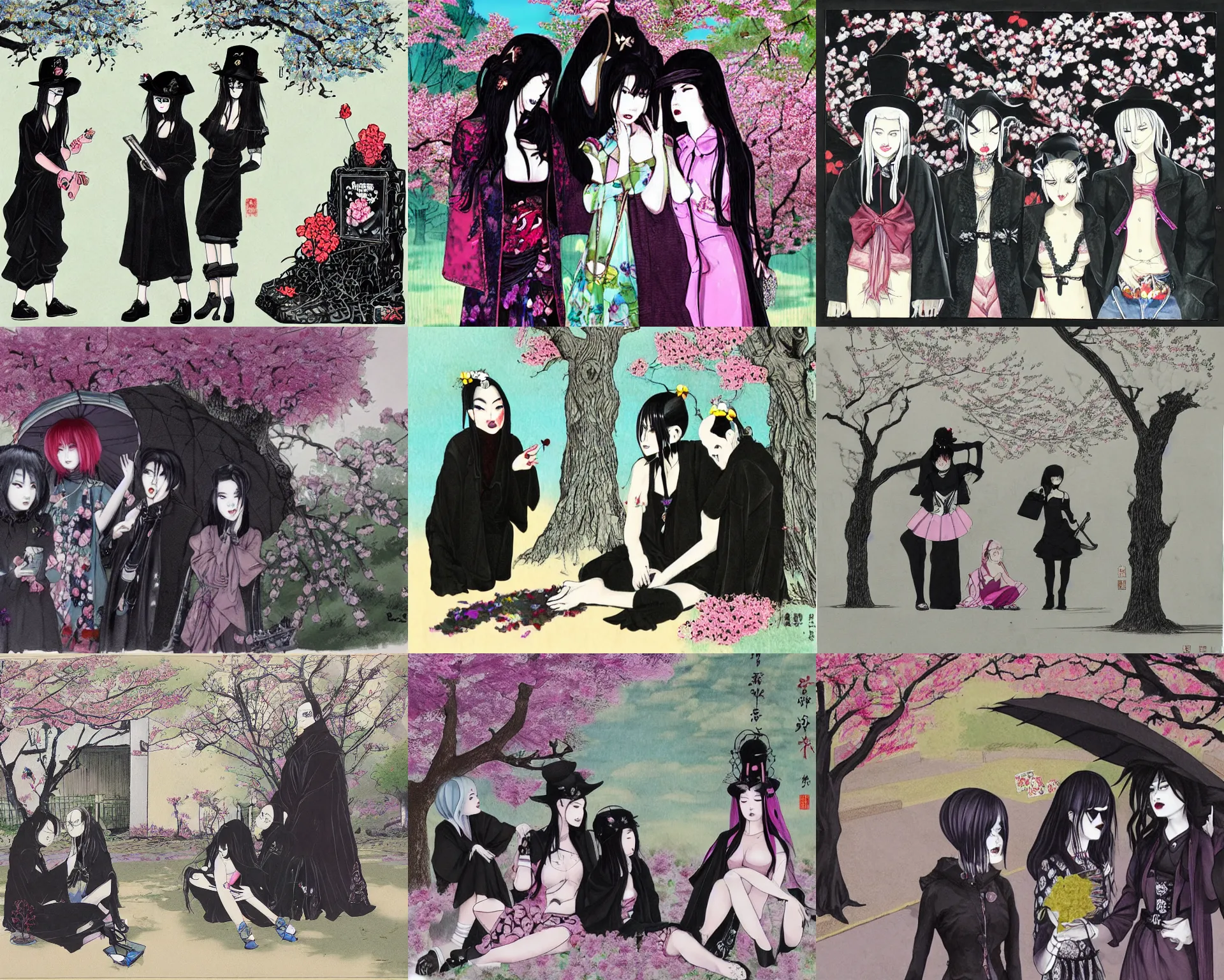 Prompt: art by fu baoshi. three goths loitering in the shade, talking beneath a cherry blossom outside a blockbuster video store.