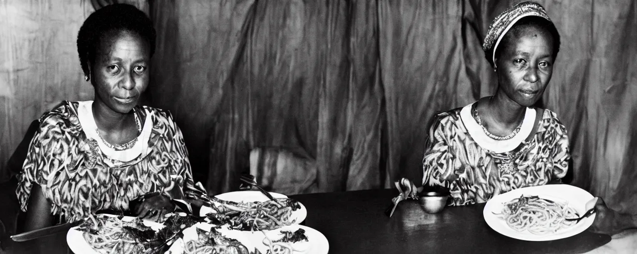 Image similar to queen nzinga mbande of angola, enjoying a feast of spaghetti, in the style of diane arbus, canon 5 0 mm, kodachrome, retro