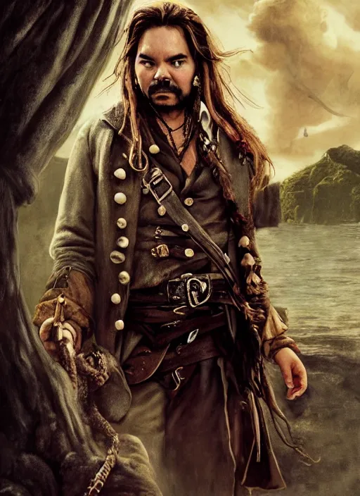 Image similar to a beautiful painting portrait movie poster of Matt Berry in Pirates of the Carribean 6, matte painting, fantasy art, dark but detailed digital art, highly detailed, a masterpiece trending on artstation. Robert Sheehan as a young but messy pirate and layabout in this HD preview poster