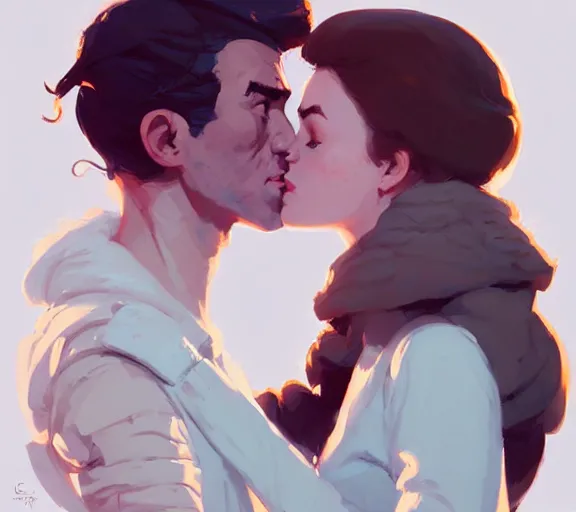 Image similar to portrait will kissing elisabeth by atey ghailan, by greg rutkowski, by greg tocchini, by james gilleard, by joe fenton, by kaethe butcher, dynamic lighting, gradient light blue, brown, blonde cream and white color scheme, grunge aesthetic