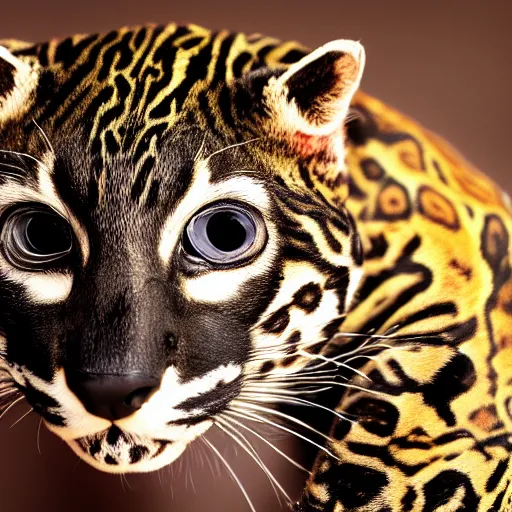 Image similar to profile shot of a black and red ocelot with black background, high contrast, render