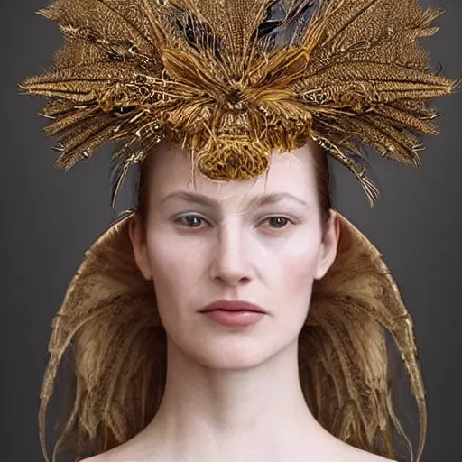 Image similar to a woman with a weird golden head piece on her head, a flemish Baroque by Alexander McQueen, trending on pinterest, hyper realistic vfx simulation, made of paperclips, made of insects, made of feathers,