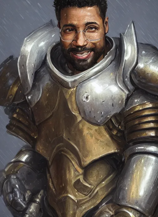 Image similar to medium-length portrait of a male paladin with short curly hair and a salt-and-pepper beard, dark brown skin, happy expression, wears a suit of power armor, magitech!, powered by an arcane core!, medieval setting, highly detailed, digital painting, (artstation), concept art, sharp focus, illustration, art by greg rutkowski and alphonse mucha