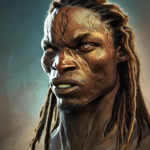 Image similar to A frontal head portrait of The Predator with dreadlocks, by dreadjim, Greg Rutkowski, james gurney, epic scifi character art, Exquisite detail, post-processing, low angle view, masterpiece, cinematic