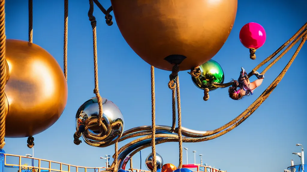 Prompt: large colorful futuristic space age metallic steampunk balloons with pipework and electrical wiring around the outside, and people on rope swings underneath, flying high over the beautiful santa monica pier city landscape, professional photography, 8 0 mm telephoto lens, realistic, detailed, photorealistic, photojournalism