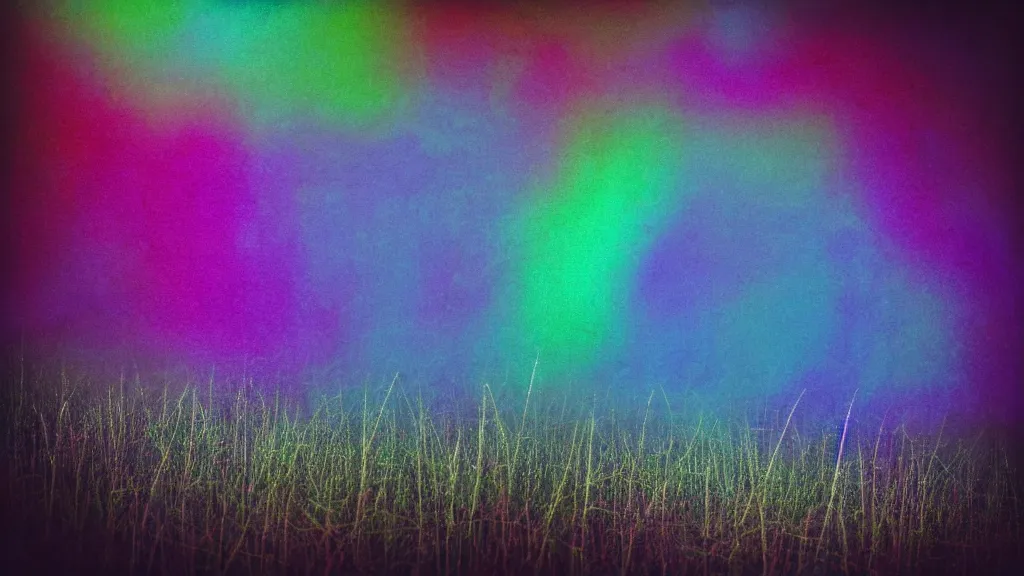 Prompt: vivid washes of color. contrast of light and dark. cinematic spangled cosmic polaroid. brocken spectre. It is dark all around. The wind and light making dramatic whorls and spiral patterns of shadow and light in the grass. blinding silver, viridescent, at play. spangled night time photography.