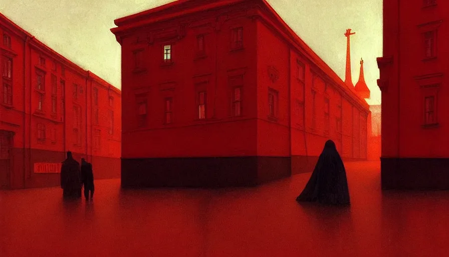 Image similar to only with red, soviet communism city cold atmosphere and with soviet flag, in the style of beksinski, by edward hopper and rodcenko and yue minjun and cory loftis, intricate and epic composition, red by caravaggio, highly detailed, masterpiece, red light, artstation, art nouveau