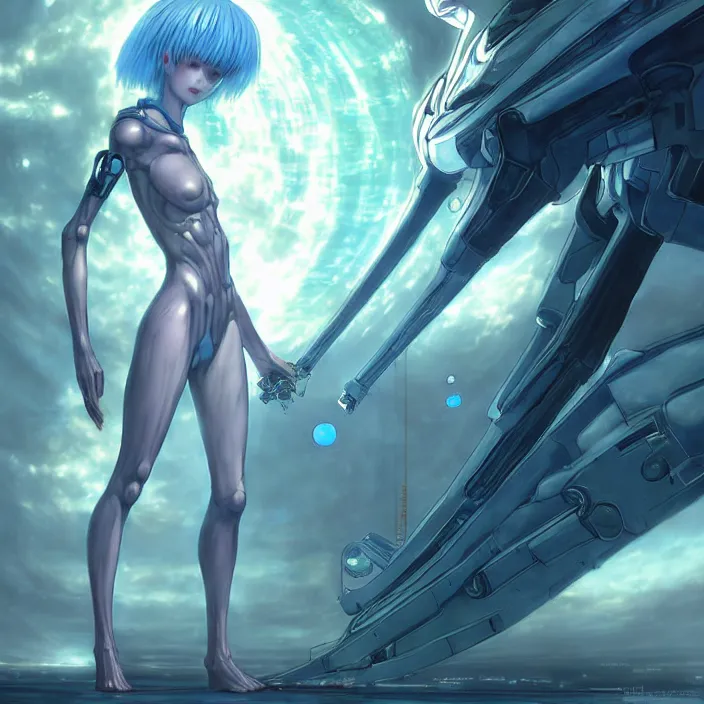 Prompt: Memento of the Rei Ayanami, The Android Kannon Mindar Leviathan awakening from Japan in a Radially Symmetric Alien Megastructure turbulent bismuth glitchart Luminism Romanticism by John William Waterhouse . Atmospheric Cinematic Environmental & Architectural Design Concept Art by Tom Bagshaw Jana Schirmer Jared Exposure to Cyannic Energy, Darksouls Concept art by Finnian Macmanus, Rei Ayanami, The Android Kannon Mindar from Japan in a lush flora of water dripping leaves and echoing blue rings of sound emanating from the center of the screen with a faint turquoise glowing aura fractal pearlescent iridescent surrealist turbulent bismuth glitchart Luminism Romanticism by John William Waterhouse Beksinski Finnian MacManus Ruan Jia, cute anime girl with blue hair and red eyes, vtuber, lain iwakura, Hi-Fructose, Artstation, HD, HDR, High Resolution, 1024x1024