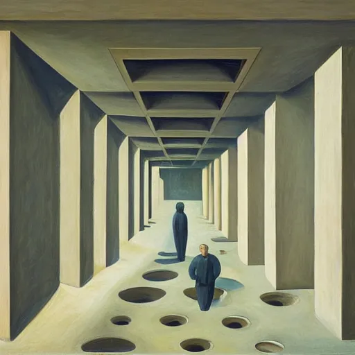 Image similar to first - person view of a stark concrete maze with people looking into portholes, grant wood, pj crook, edward hopper, oil on canvas