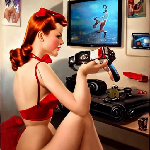 Prompt: a photorealistic artwork of a pin up girl playing with a videogame controller, by Alberto Vargas, highly detailed and intricate, cinematic lighting 4k