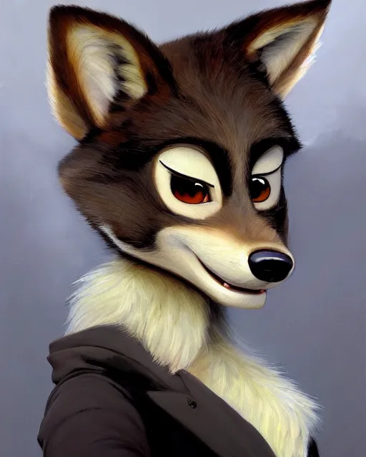 Image similar to oil painting of anthromorphic female wolf, in style of zootopia, female fursona, furry, furaffinity, 4 k, deviantart, furry art, fursona art, wearing black business suit, business suit, wolf fursona, female, very expressive detailed feminine face, by gaston bussiere, craig mullins, j. c. leyendecker