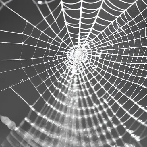 Prompt: dewdrops on spiderweb, award winning black and white photography