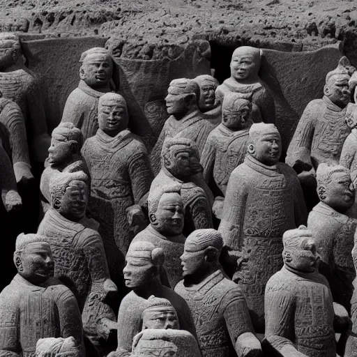 Image similar to full - color 1 9 7 2 photo of dozens of terra - cotta warrior sculptures being excavated from a buried ancient alien temple on the moon by archaeologists wearing space - suits at a dig - site. high - quality professional journalistic photography from time magazine.